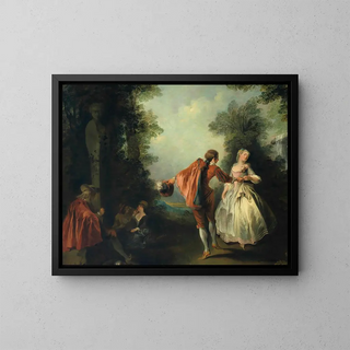 Elegant figures in a wooded landscape - Nicolas Lancret — framed artwork on a wall