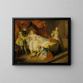 The little dog shaking money and gemstones - Nicolas Lancret — framed artwork on a wall