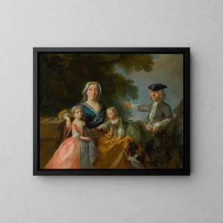 Portrait of a family traditionally identified as Mr. and Mrs. Saint-Martin with their two children in a landscape - Nicolas Lancret — framed artwork on a wall