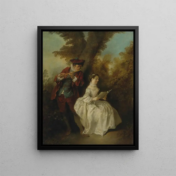 The Duo, a young man playing the flute and a young woman singing in a landscape - Nicolas Lancret — framed artwork on a wall