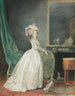 a standing lady in an interior preparing to go out with her dog - Nicolas Lavreince — artwork view