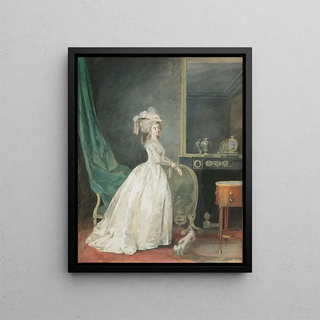 Nicolas Lavreince - A Lady Standing In An Interior Preparing To Go Out With Her Dog.webp