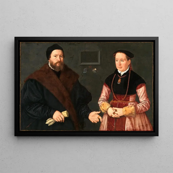 Double portrait painting of Balthasar Dürer and his second wife Magdalena Bayerin - Nicolas Neufchâtel — framed artwork on a wall
