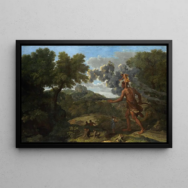 Orion blindfolded seeking the rising sun - Nicolas Poussin — framed artwork on a wall