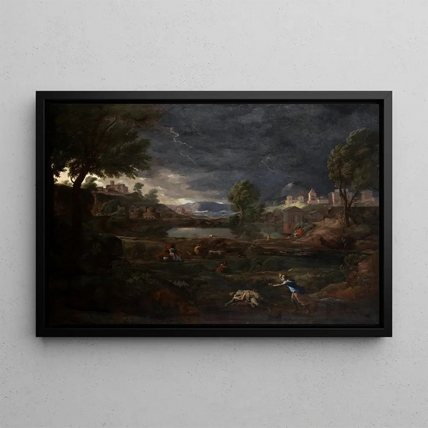Landscape painting of a storm with Pyramus and Thisbe - Nicolas Poussin — framed artwork on a wall