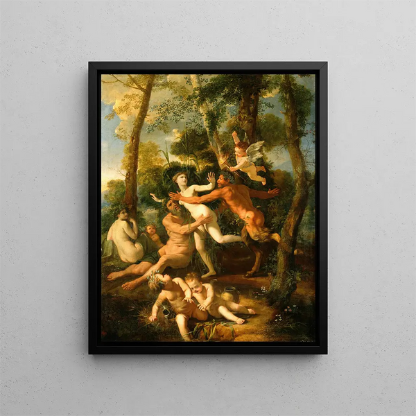 Pan and Syrinx - Nicolas Poussin — framed artwork on a wall