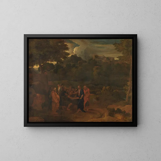 The Healing of the Two Blind Men at Jericho - Nicolas Poussin — framed artwork on a wall