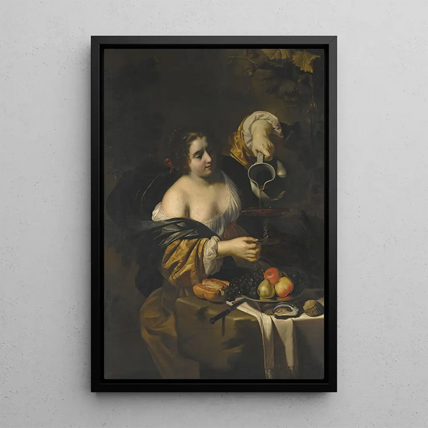 Young woman pouring red wine from a jug into a glass - Nicolas Régnier — framed artwork on a wall