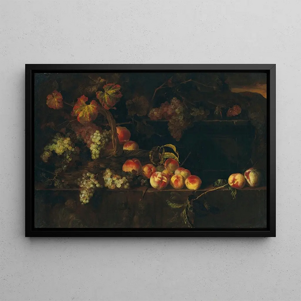 Raisins and peaches in a wicker basket with other fruits on a ledge, a landscape beyond - Nicolas de Largillière — framed artwork on a wall