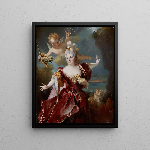 Portrait painting of actress Marie-Anne de Châteauneuf known as Mlle Duclos 1664-1747 in the role of Ariadne - Nicolas de Largillière — framed artwork on a wall