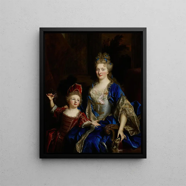 Portrait painting of Catherine Coustard, Marquise of Castelnau, wife of Charles Éléonor Aubry with her son Éléonor - Nicolas de Largillière — framed artwork on a wall