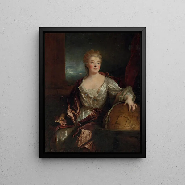 Portrait of Gabrielle-Émilie Le Tonnelier de Breteuil Marquise du Châtelet - Nicolas de Largillière — framed artwork on a wall