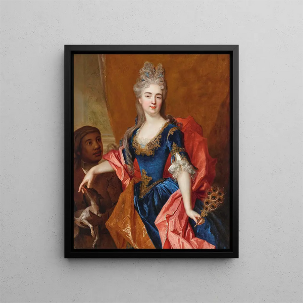 Portrait of a lady holding a peacock feather fan with her servant holding a dog - Nicolas de Largillière — framed artwork on a wall