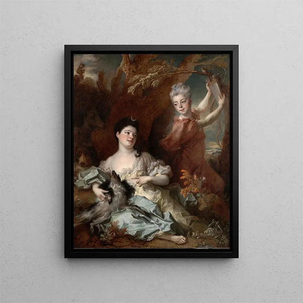 Portrait of the Countess of Montsoreau and her sister as Diana with a lady-in-waiting - Nicolas de Largillière — framed artwork on a wall