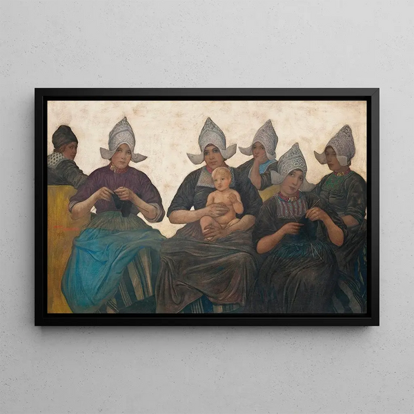 Dutch ladies knitting in traditional costume - Nicolaus Wilhelm Jungmann — framed artwork on a wall