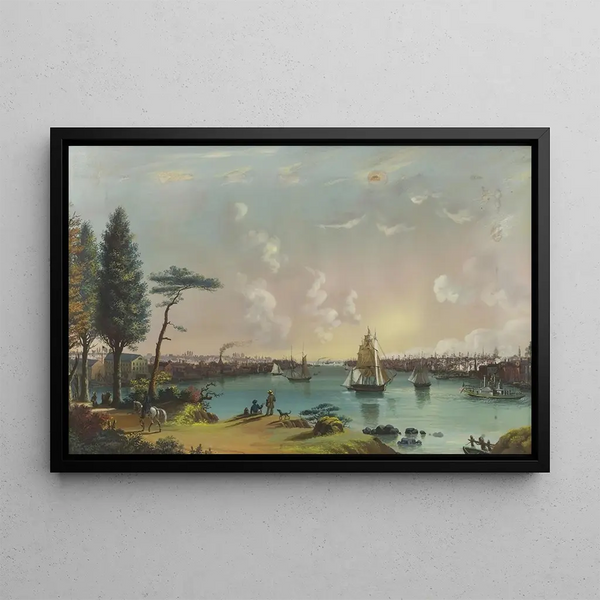 L'East River looking southwest Blackwells Island in the foreground the shipyard on the far left and view of the bottom of New York from Jersey City - Nicolino Calyo — framed artwork on a wall