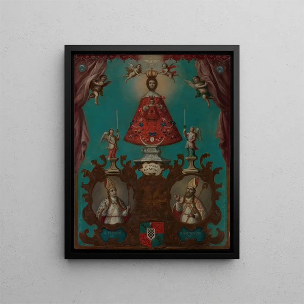 La Vierge du Camino avec saint Fermin et saint Saturnin - Nicolás Enríquez — framed artwork on a wall