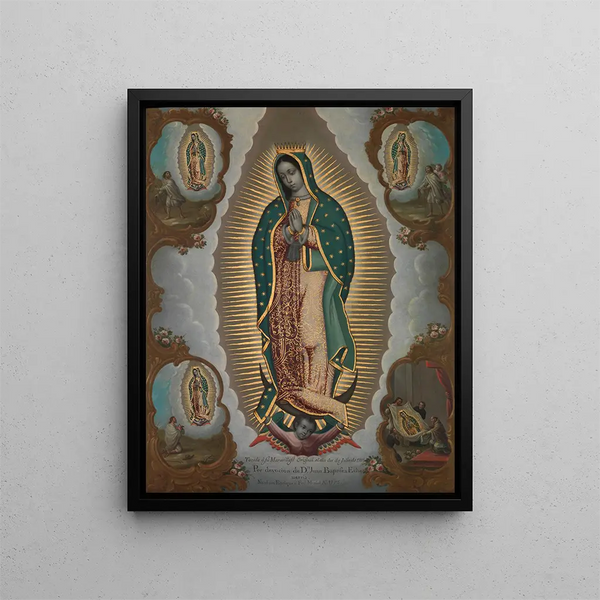 La Vierge de Guadalupe avec les quatre apparitions - Nicolás Enríquez — framed artwork on a wall