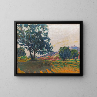 L'oliveraie with Cagnes in the background against the light - Niels Larsen Stevns — framed artwork on a wall