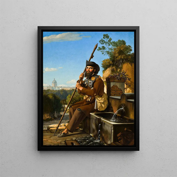a painting "A Pilgrim Sitting Near a Fountain in Via Dell'Arco Scuro in Rome" by Niels Peter Holbech — framed artwork on a wall