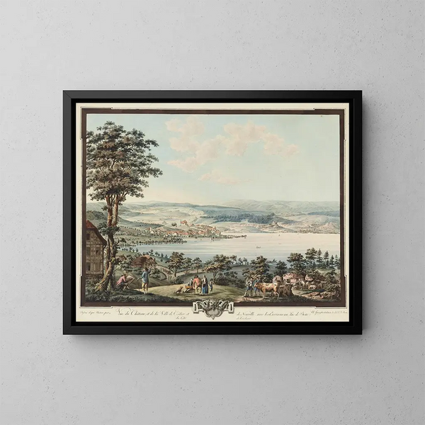 Vue du Château et de la Ville de Cerlier et de Neuville avec les Environs au Lac de Bienne - Niklaus Sprüngli — framed artwork on a wall