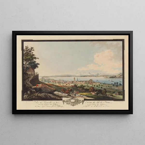 Vue de Neuville et des environs du lac de Bienne - Niklaus Sprüngli — framed artwork on a wall