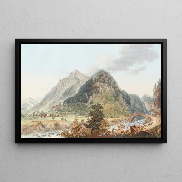 View of the castle and the bridge of Wimmis on the south side by N. Sprüngli architect - Niklaus Sprüngli — framed artwork on a wall