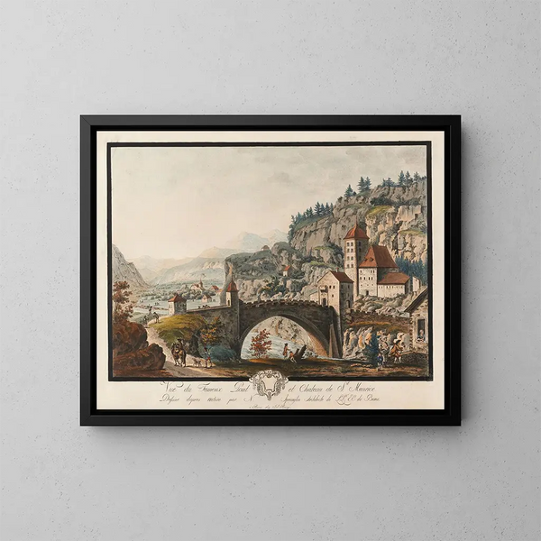 View of the famous bridge and castle of Saint-Maurice - Niklaus Sprüngli — framed artwork on a wall