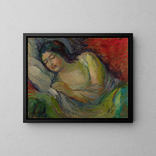 Young Brunette Woman Sleeping - Nikolai Alexandrovich Tarkhov — framed artwork on a wall