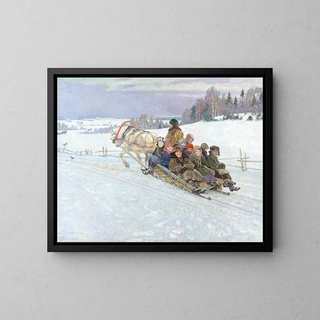 Snow Sledge Ride in Winter Russia - Nikolai Bogdanov-Belsky — framed artwork on a wall
