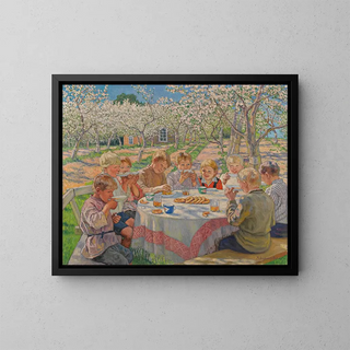 the Tea in the Orchard of Apple Trees - Nikolai Bogdanov-Belsky — framed artwork on a wall