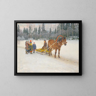 Winter Sledge with Children - Nikolai Bogdanov-Belsky — framed artwork on a wall