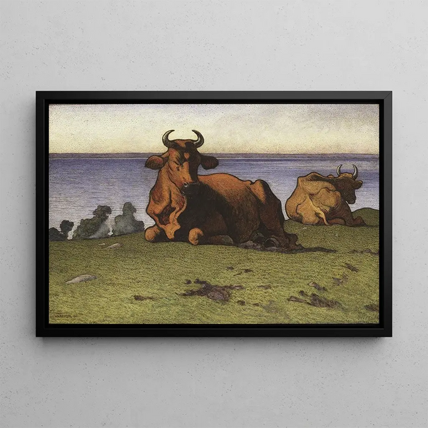 Cows at Rest, Earth Motif - Nils Kreuger — framed artwork on a wall