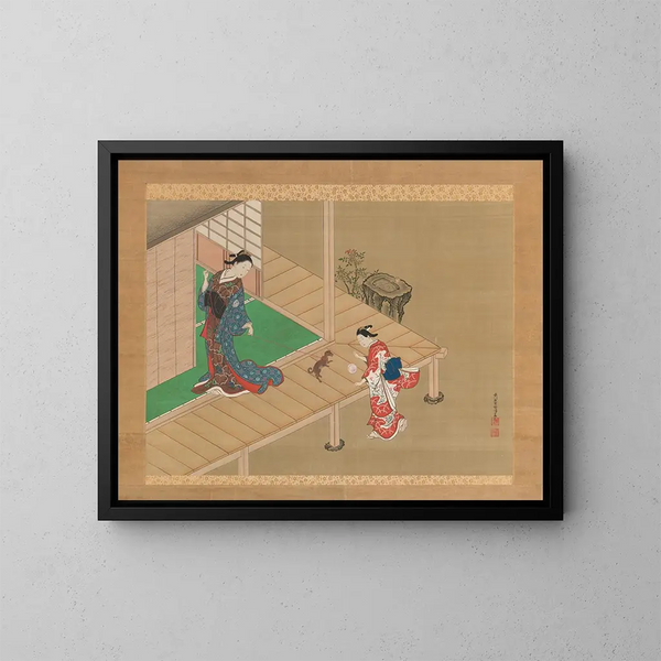 Courtesan and servant playing with a dog - Nishikawa Sukenobu — framed artwork on a wall