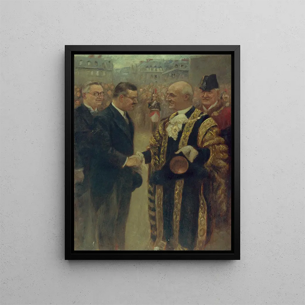 Sir George Broadbridge painting, Lord Mayor of London, shaking hands with Mr. Raymond Laurent, President of the City Council - Noël Dorville — framed artwork on a wall