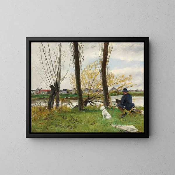 Painter by a Riverbank - Norbert Goeneutte — framed artwork on a wall