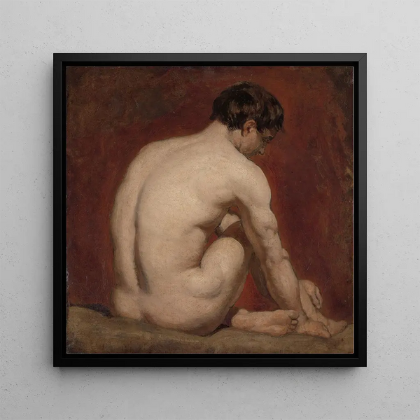 Male nude painting kneeling from behind - William Etty — framed artwork on a wall