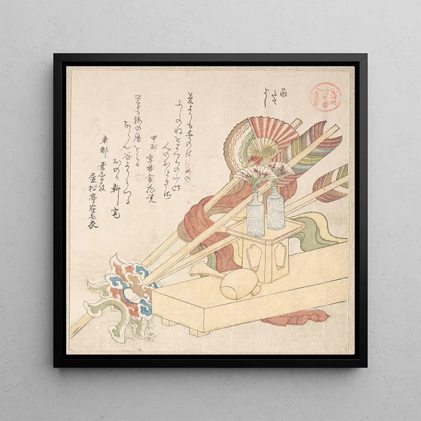 ceremonial objects for the celebration of a new house installation - Kubo Shunman — framed artwork on a wall