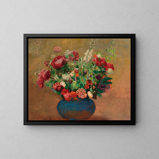 Poppies and Carnations in a Blue Vase - Odilon Redon — framed artwork on a wall