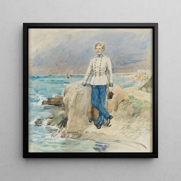 Austrian officer painting at the Adriatic - Alexander Pock — framed artwork on a wall