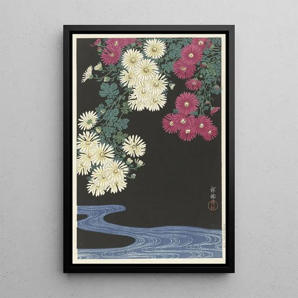 Chrysanthemums and flowing water - Ohara Koson — framed artwork on a wall