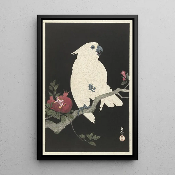 Cacatoès et grenade - Ohara Koson — framed artwork on a wall