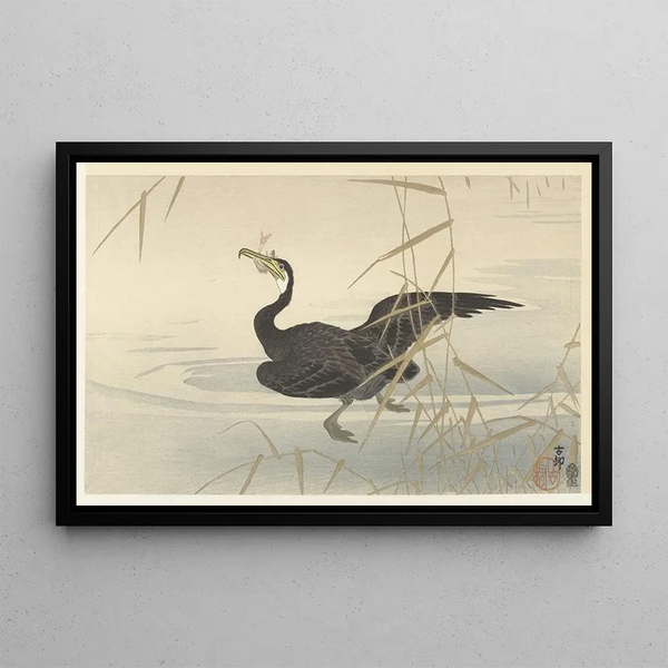 Cormorant with Fish - Ohara Koson — framed artwork on a wall