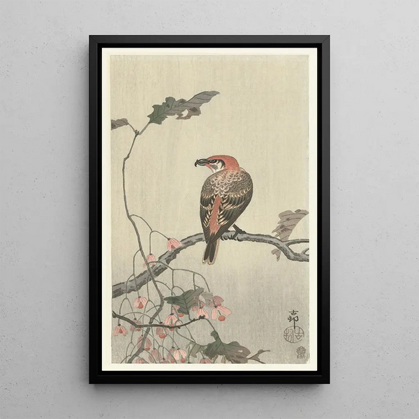 Bec-croisé sur branche d'arbre - Ohara Koson — framed artwork on a wall