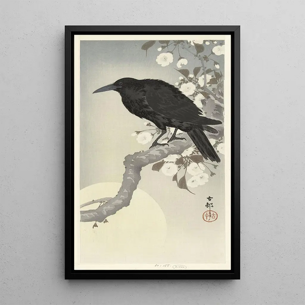 Crow under the full moon - Ohara Koson — framed artwork on a wall