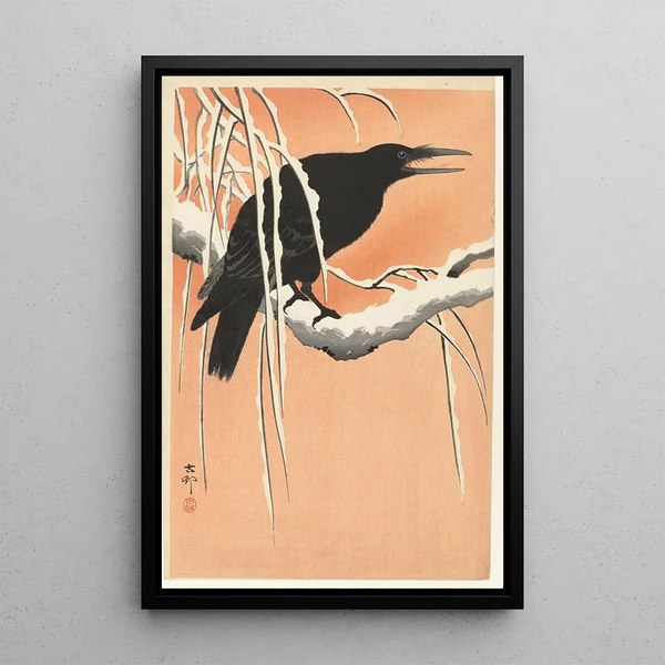 Crow on Snow-covered Branch - Ohara Koson — framed artwork on a wall