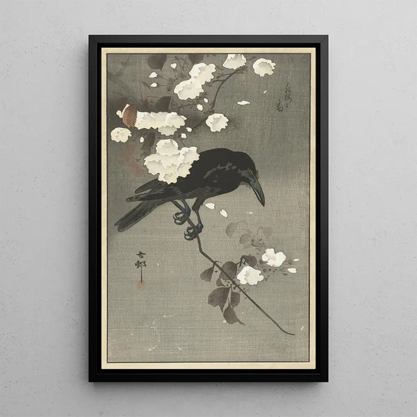 Crow with Cherry Blossom - Ohara Koson — framed artwork on a wall
