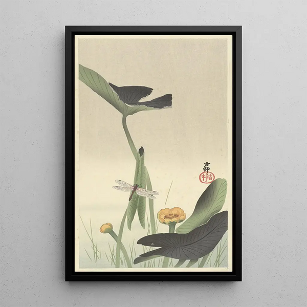 Dragonfly and Lotus - Ohara Koson — framed artwork on a wall