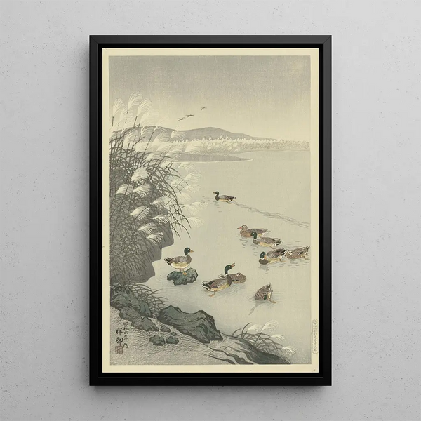 Ducks in Water - Ohara Koson — framed artwork on a wall