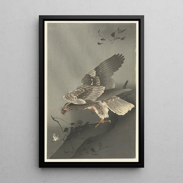 Eagle on the lookout for prey - Ohara Koson — framed artwork on a wall